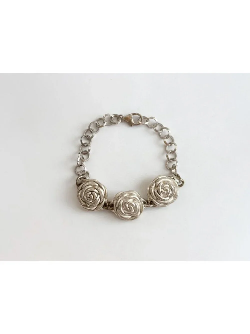 Triple Blooming Rosebud Floral Vintage Sterling Silver 925 Bracelet - 7.5